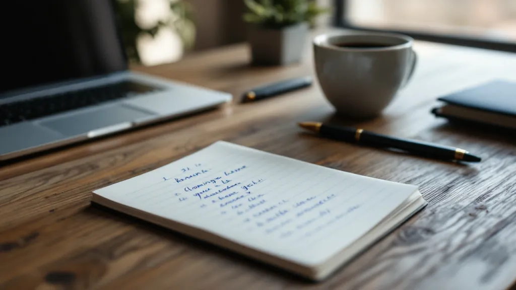 Libreta con notas a mano, un bolígrafo y un café sobre un escritorio de madera.