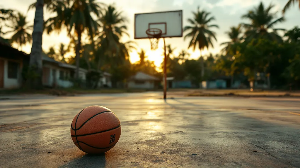 Cancha de baloncesto al atardecer con un balón en el piso.